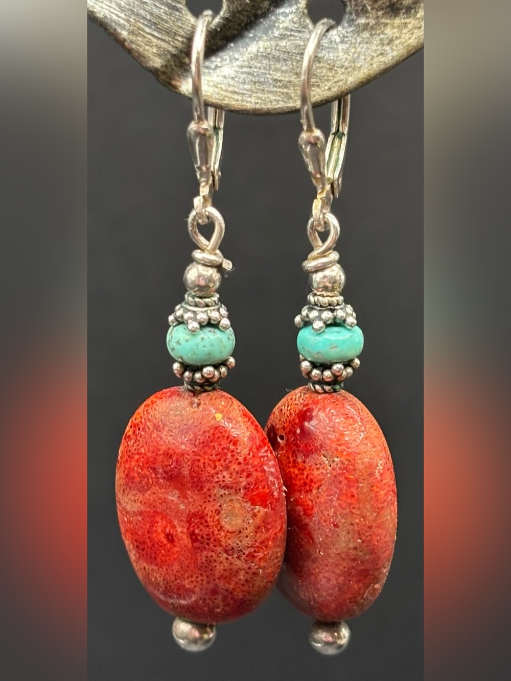 Vintage 925 Sterling Silver Fossil Apple Coral Turquoise Dangle Drop Earrings 2"